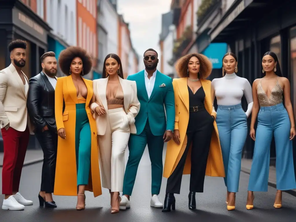 Moda inclusiva: Influencers diversas posan con confianza en la ciudad Un grupo diverso de influencers de moda inclusiva posando con confianza en la ciudad