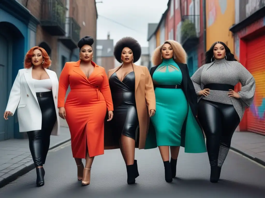 Influencers de tallas grandes: estilo y empoderamiento urbano Grupo diverso de influencers plus size en outfit moderno, celebrando su estilo y empoderamiento en la moda