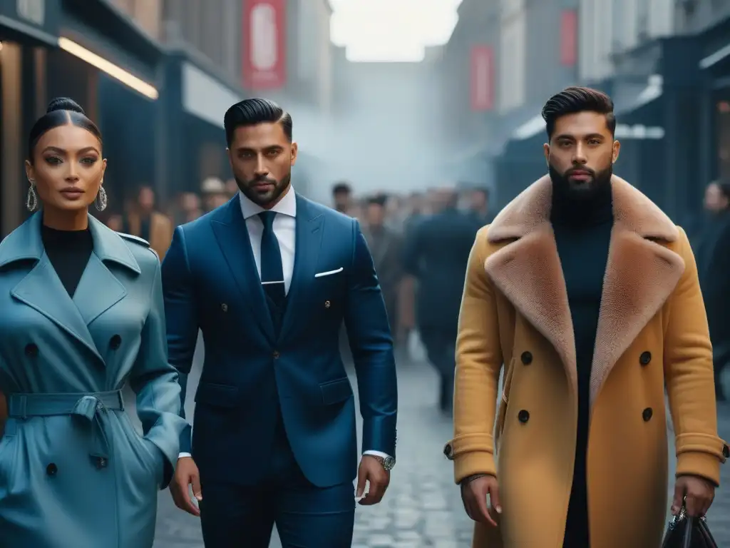 Diversidad y lujo: influencers de la moda marcando tendencia en la ciudad Un grupo diverso de influencers con outfits lujosos caminan por una calle de moda, promoviendo la moda de lujo inclusiva