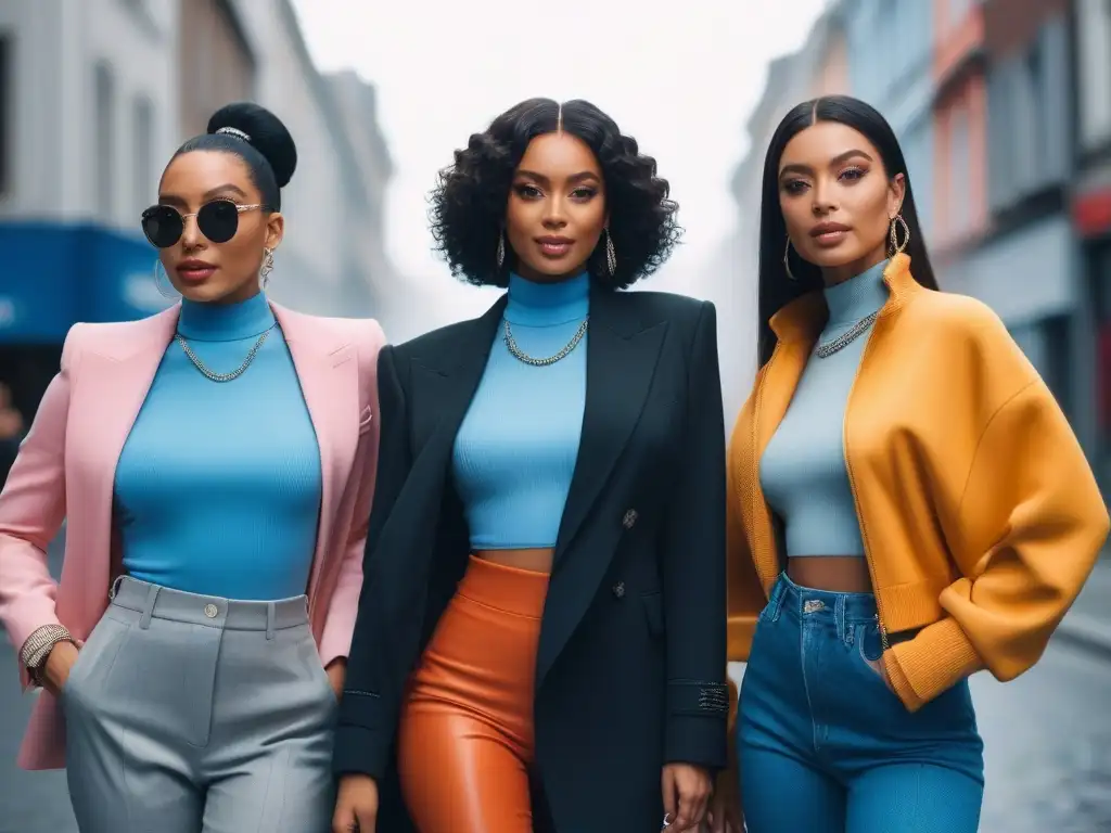 Influencers de moda empoderadas y modernas en urbano escenario Un grupo diverso de influencers petite en outfits modernos y elegantes, irradiando confianza y estilo en la industria de la moda