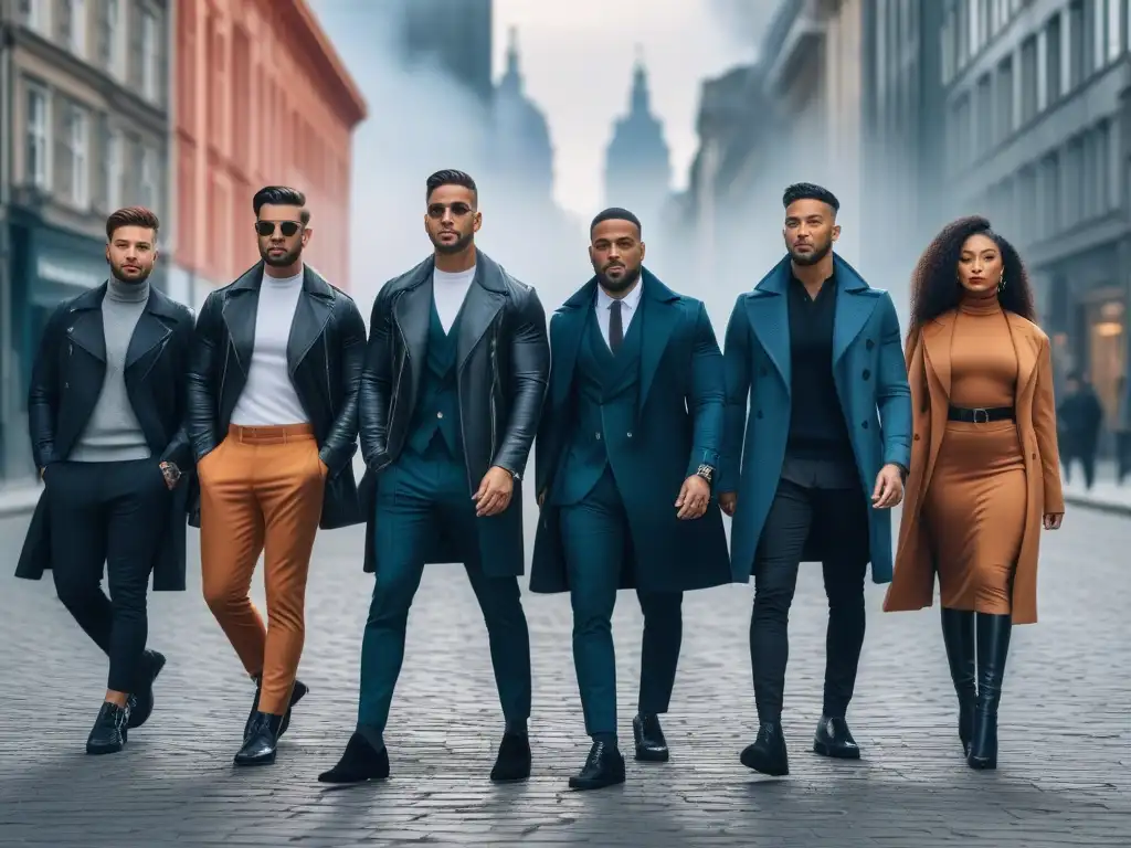 Grupo diverso de influencers en moda inclusiva en la ciudad Un grupo diverso de influencers en ropa elegante y adaptativa posa con confianza en la ciudad, demostrando inclusión y diversidad en la moda