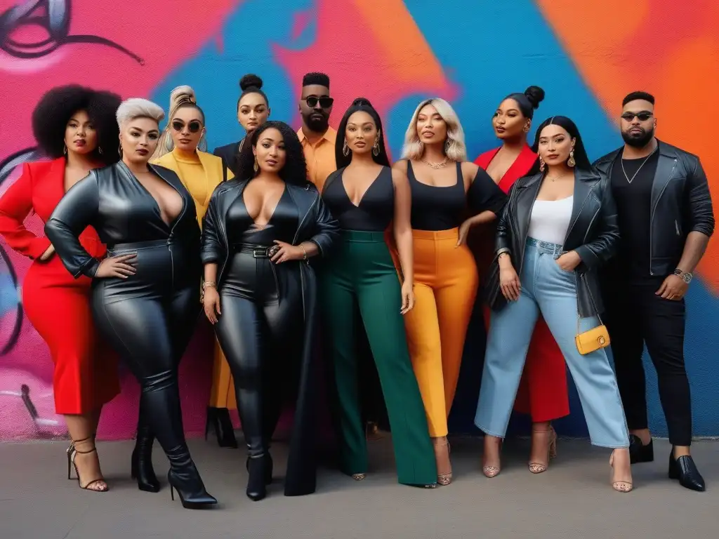 Influencers de moda unidos: diversidad y empoderamiento Un grupo diverso de influencers de diferentes tallas y etnias posando juntos con estilo frente a un mural colorido
