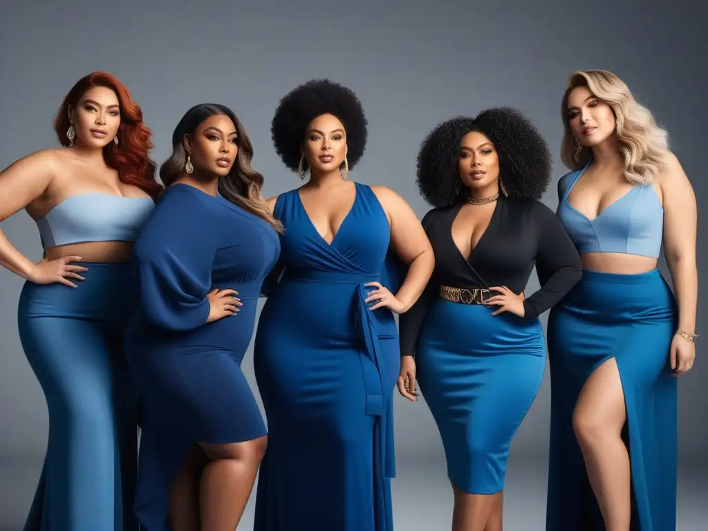 Empoderamiento plussize: influenciadoras seguras y diversas Un grupo diverso de influencers plus size tallas especiales posando con confianza en outfits modernos