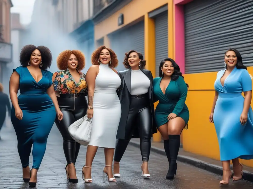 Influencers de tallas grandes empoderadas en sesión de fotos urbana Un grupo diverso de influencers plus size tallas especiales riendo y interactuando en una sesión de fotos urbana y chic