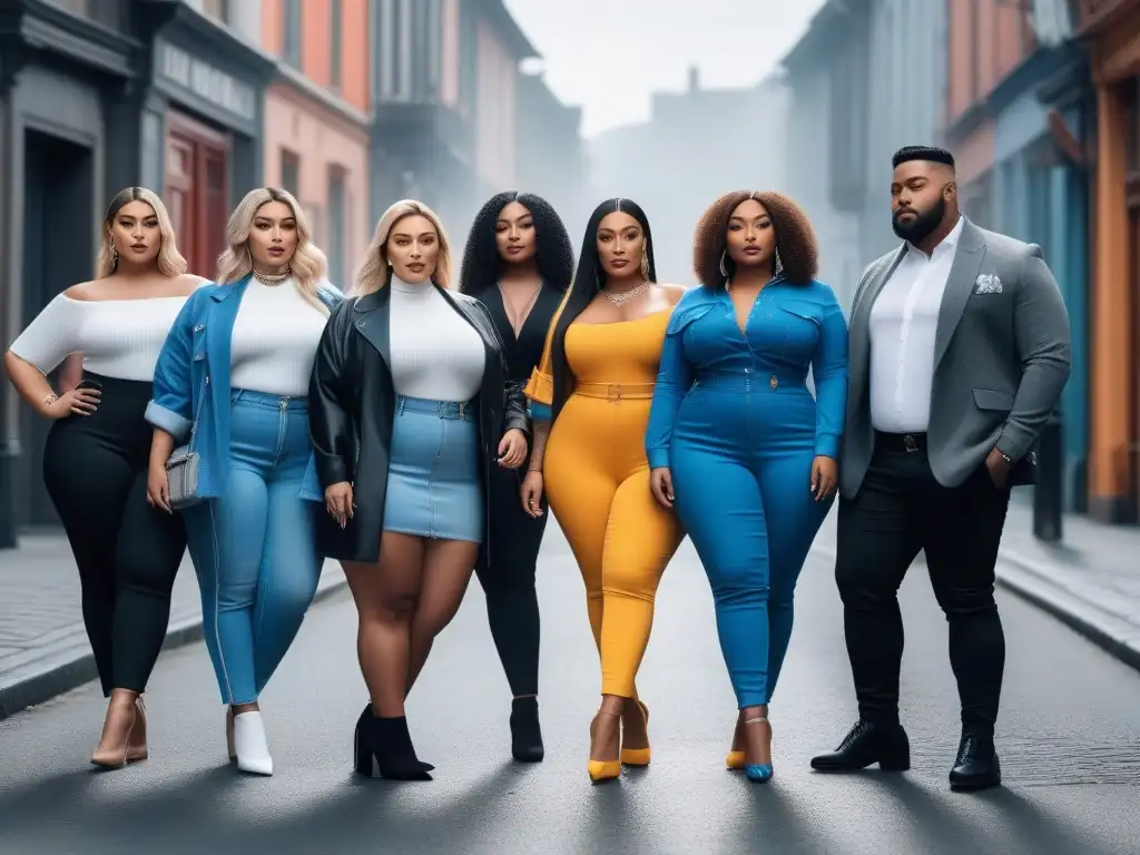 Influencers de tallas grandes: unidad y estilo urbano Un grupo diverso de influencers de tallas grandes posa con estilo en la ciudad, reflejando inclusividad y el Marketing de influencers tallas grandes