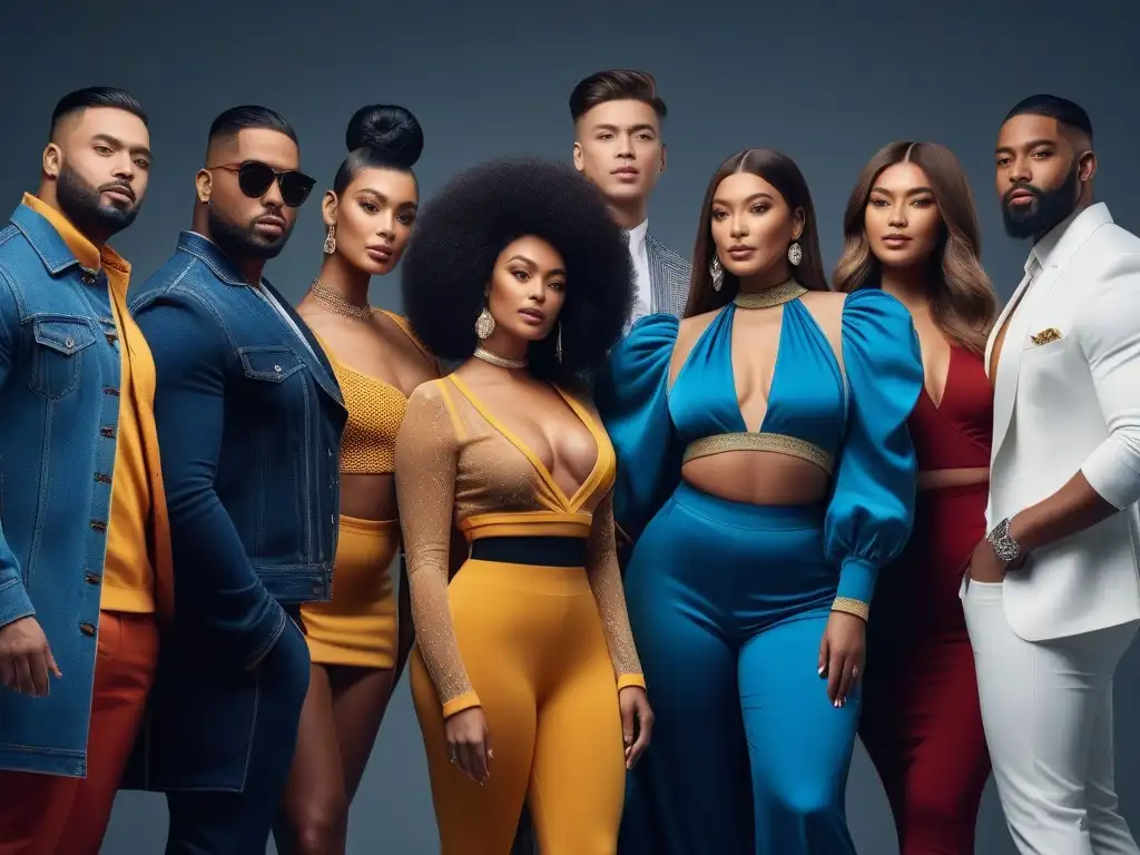 Influencers de moda diversos y empoderados en un ambiente trendy Un grupo diverso de influencers de distintos tamaños y estilos posando juntos en atuendos inclusivos y elegantes