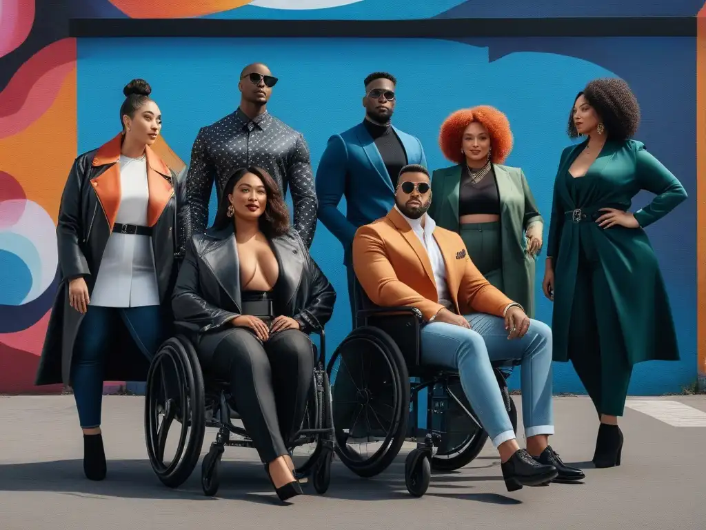 Influencers de moda inclusiva: diversidad y empoderamiento en la calle Grupo diverso de influenciadores de moda con discapacidad posando con confianza en atuendos inclusivos en la calle