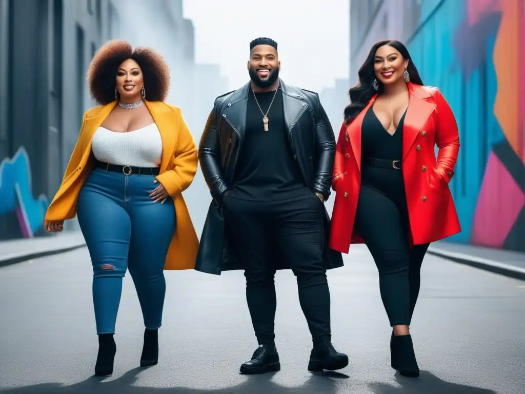 Influencers de moda plus size empoderadas en la ciudad Un grupo diverso de influyentes de tallas grandes, seguros y profesionales, en un entorno urbano moderno