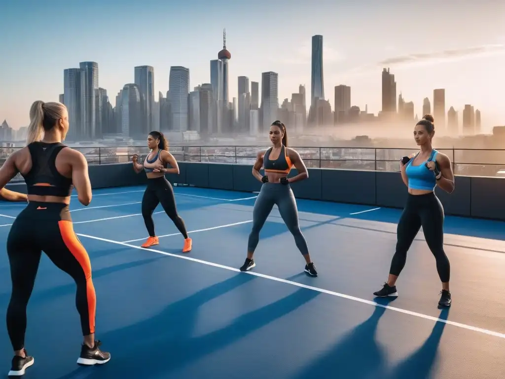 Entrenamiento al amanecer: Determinación y empoderamiento en la ciudad Un grupo diverso en intenso entrenamiento premium al amanecer en la azotea, liderados por un motivador instructor de fitness