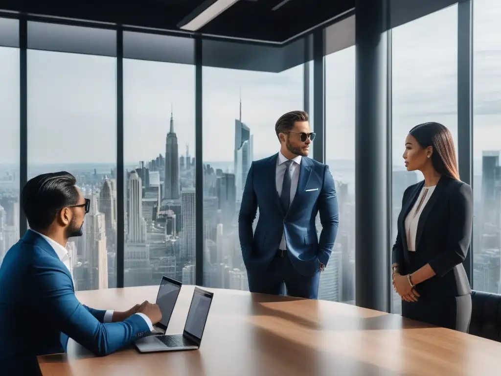 Inversores inclusivos analizan marcas de moda innovadoras Grupo diverso de inversores analizando marcas de moda inclusiva en sala moderna con vista a la ciudad