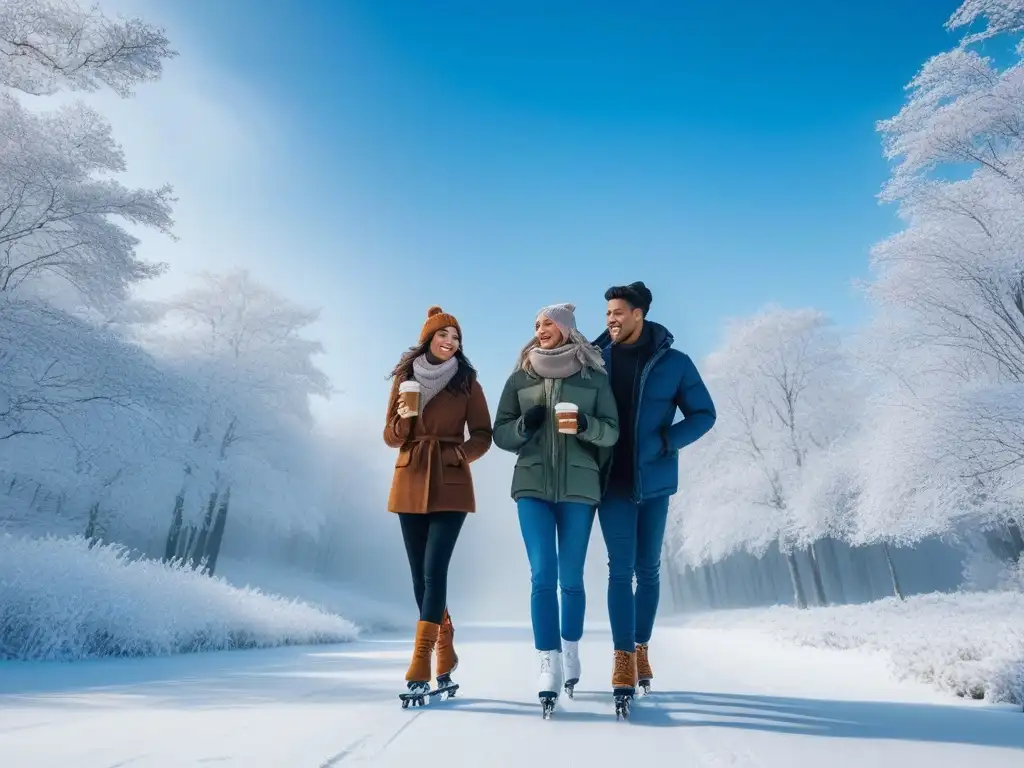 Radiante diversidad invernal: piel saludable y felicidad en la nieve Grupo diverso disfrutando el invierno con piel radiante y sana, en paisaje nevado