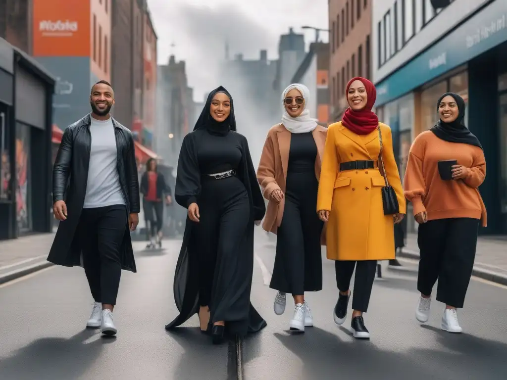 Jóvenes diversos desfilan con estilo inclusivo por la ciudad Un grupo diverso de jóvenes camina con confianza por la ciudad, destacando la moda inclusiva para todos los cuerpos