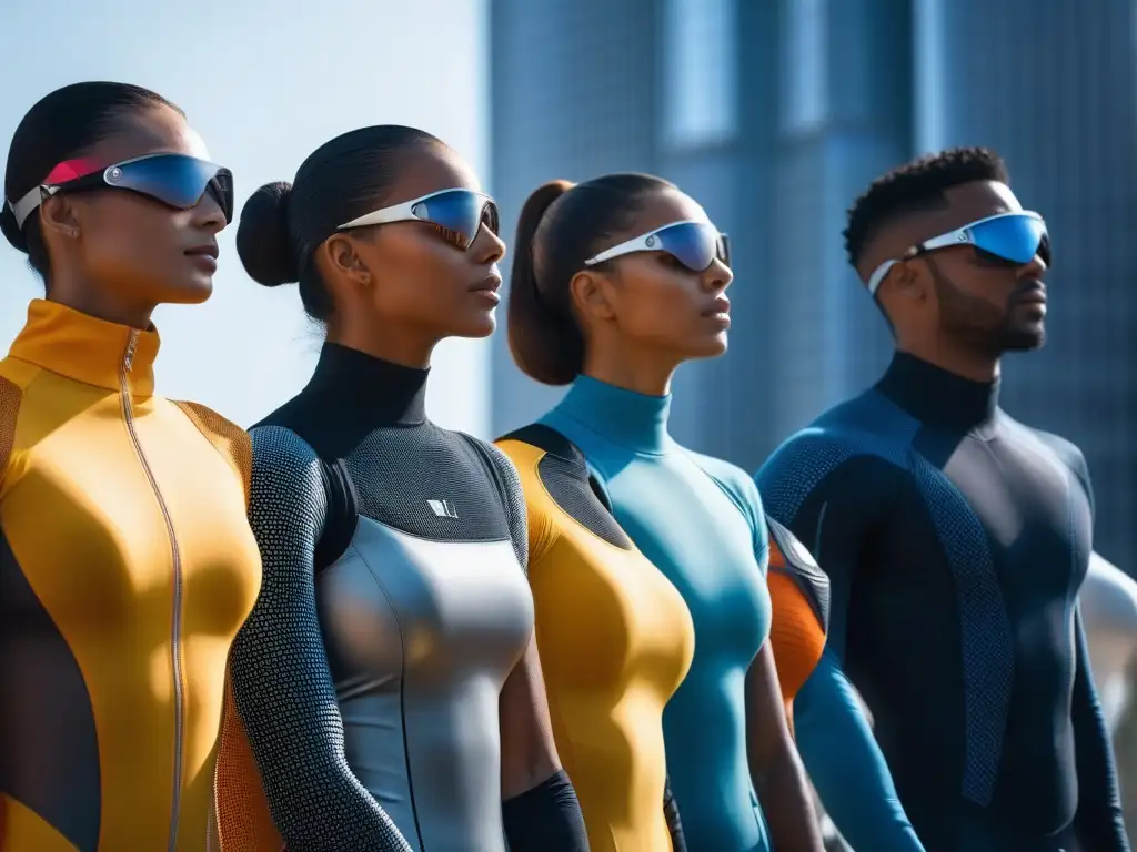 Jóvenes con dispositivos de protección solar futuristas en la ciudad Un grupo diverso de jóvenes con dispositivos de protector solar moda inclusiva, en un entorno urbano soleado