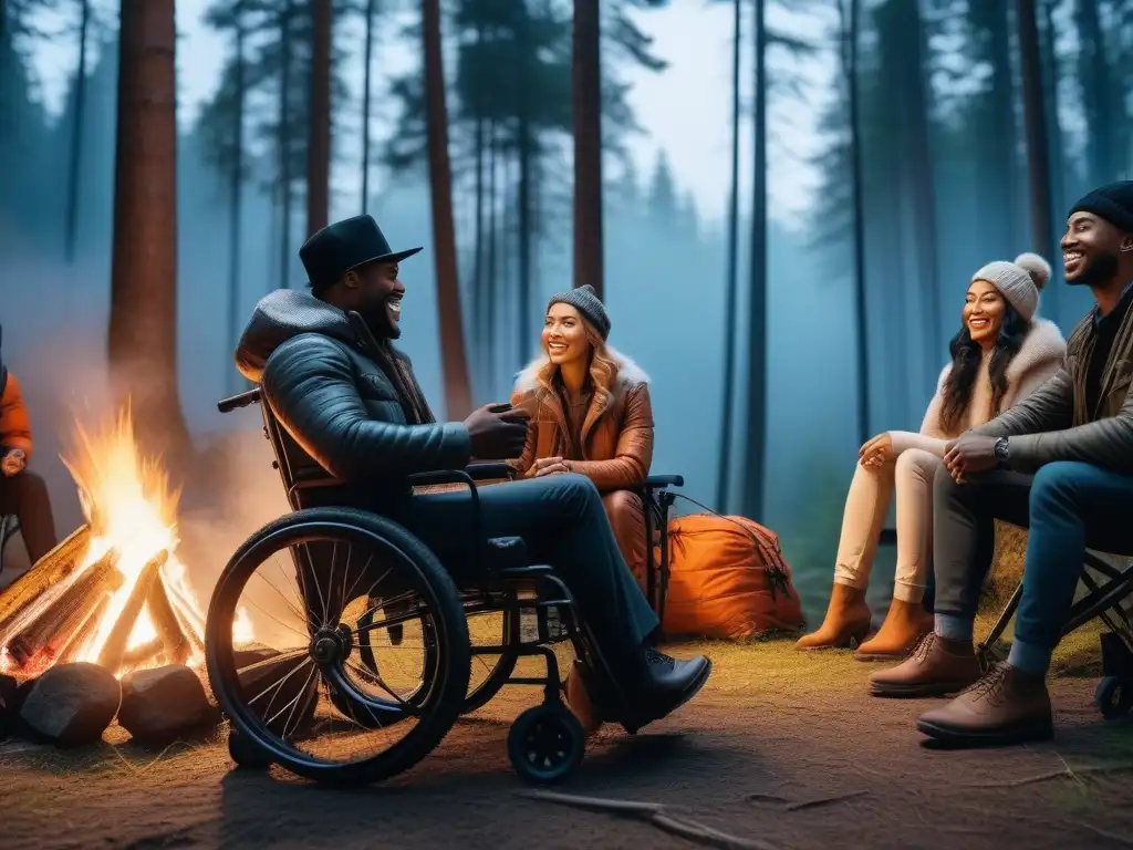 Camping inclusivo: jóvenes diversos disfrutan de la noche estrellada Un grupo diverso de jóvenes riendo y disfrutando de una experiencia de camping al aire libre con estilo