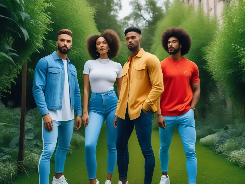 Influencers ecofriendly con estilo urbano Un grupo diverso de jóvenes influencers en moda ecoconsciente posan con confianza en un entorno urbano verde