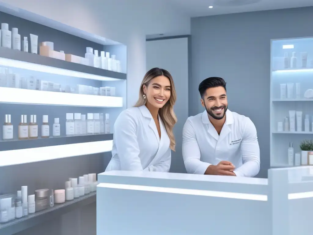 Jóvenes radiantes aplicando cuidado de piel en clínica moderna Un grupo diverso de jóvenes aplica juntos tratamientos para piel clara acne en una clínica moderna y luminosa, mostrando camaradería y confianza