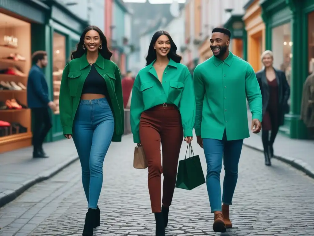 Jóvenes felices en moda sostenible pasean por la ciudad eco Un grupo diverso de jóvenes sonriendo, visten moda sostenible y caminan por una calle ecofriendly