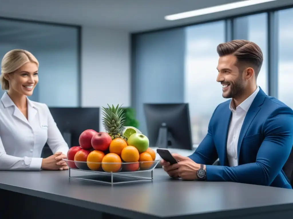 Profesionales sonrientes con antioxidantes en oficina moderna Un grupo diverso de jóvenes profesionales sonrientes en una oficina moderna, sosteniendo frutas antioxidantes, simbolizando el consumo responsable de suplementos antioxidantes para combatir el estrés oxidativo