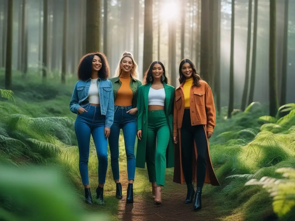 Jóvenes sonrientes con moda eco-friendly en bosque Un grupo diverso de jóvenes sonrientes en un bosque verde, luciendo moda ecofriendly