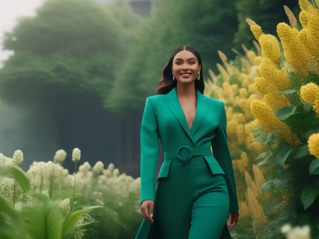 Diversidad y moda sostenible en la naturaleza Un grupo diverso de jóvenes sonrientes, vistiendo moda inclusiva y sostenible, en un entorno verde con flores y arquitectura moderna