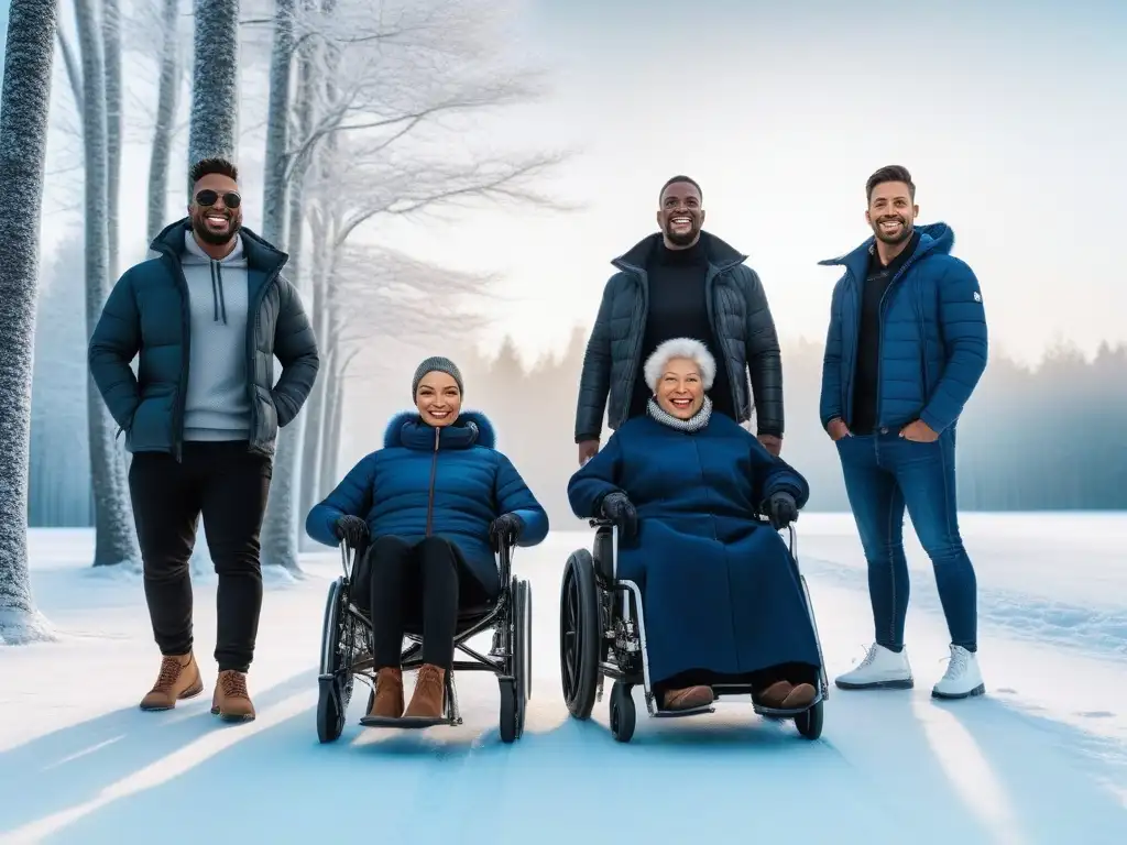 Adaptación inclusiva: diversidad y alegría en moda invernal Un grupo diverso disfruta juntos del invierno con ropa adaptativa, mostrando inclusividad y felicidad