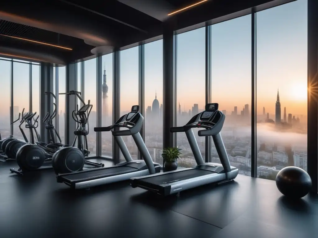 Comunidad fitness en gimnasio premium con vista a la ciudad Un grupo diverso sonríe y entrena juntos en un moderno gimnasio con vista a la ciudad al atardecer