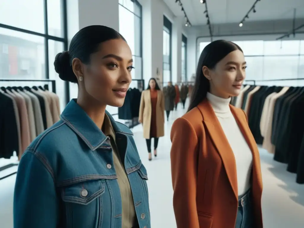 Comunidad de moda sostenible: compras con conciencia Un grupo diverso disfruta juntos de una tarde de compras en una tienda de moda sostenible, examinando etiquetas con entusiasmo