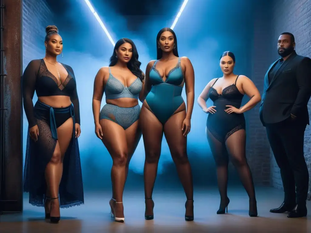 Moda inclusiva: personas seguras modelando lingerie adaptable Un grupo diverso y seguro modela lencería adaptativa para todos los cuerpos en un entorno moderno y elegante