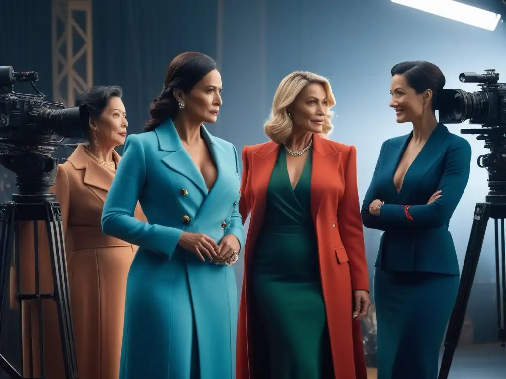 Madres fashion posan en set de película con diversidad de estilos Grupo diverso de madres en set de cine, luciendo moda para cuerpos maternales