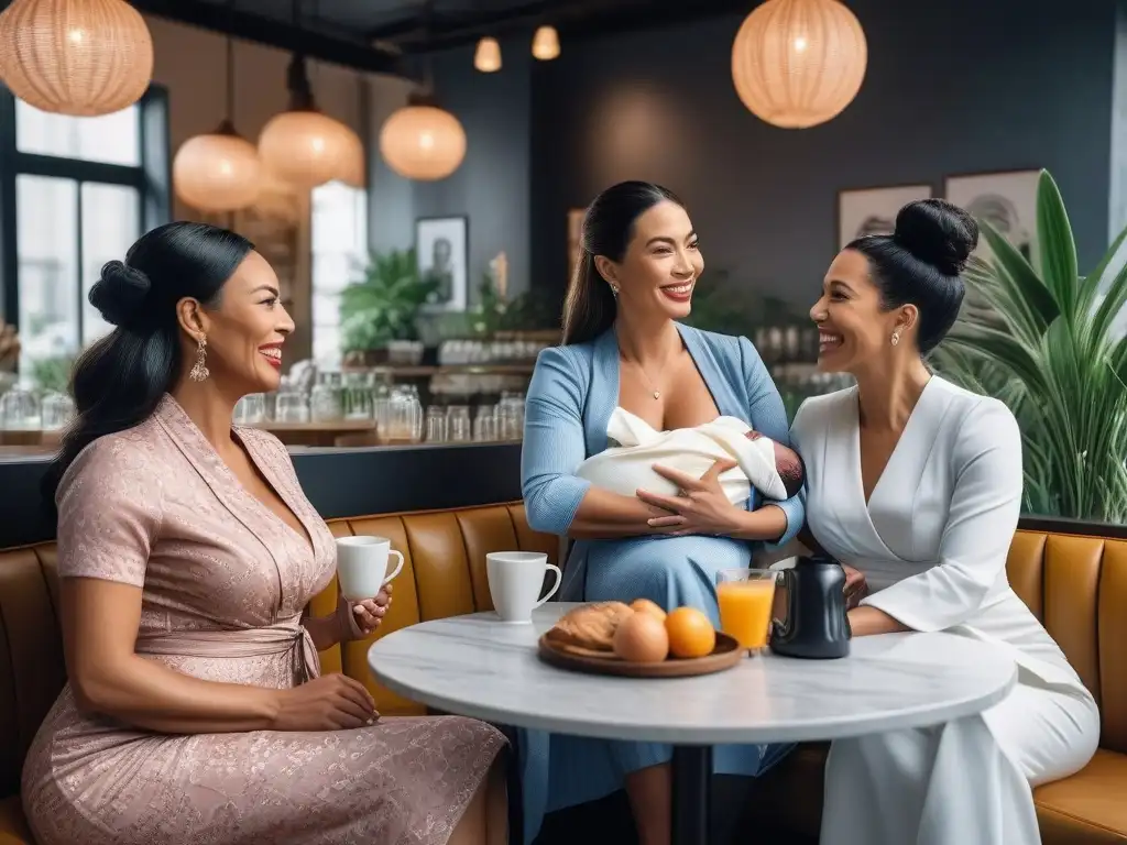 Madres empoderadas: estilo y camaradería en la lactancia Grupo diverso de madres elegantes y seguras, vistiendo moda inclusiva de lactancia y compartiendo risas en un café chic