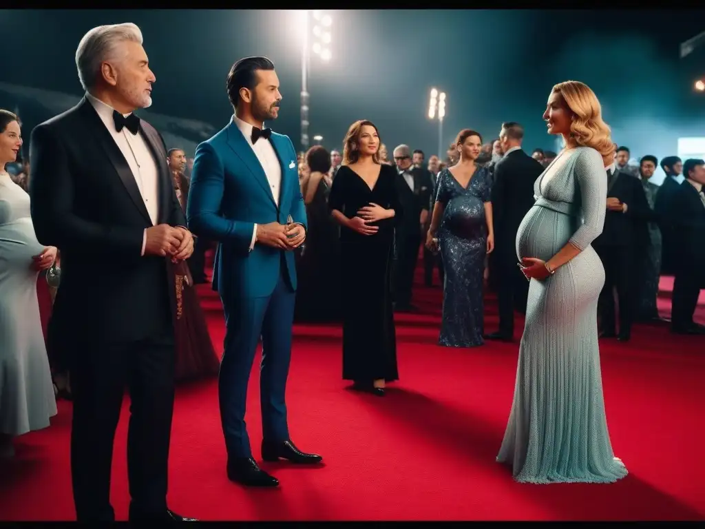 Moda materna en el cine: mamás empoderadas desfilan por la alfombra roja Un grupo diverso de madres elegantes desfilan en una alfombra roja de estreno de cine, mostrando moda para cuerpos maternales en cine