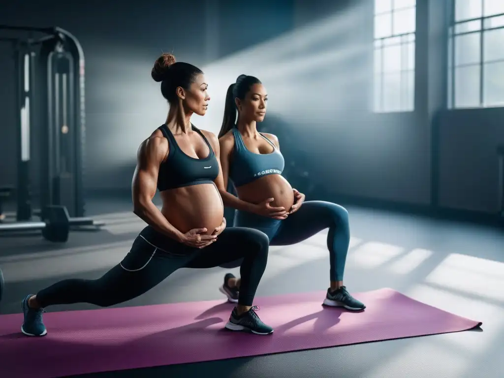 Madres fuertes: diversidad y empoderamiento en el fitness maternal Un grupo diverso de madres se ejercita juntas en un gimnasio luminoso, practicando yoga, levantamiento de pesas, corriendo y estirando