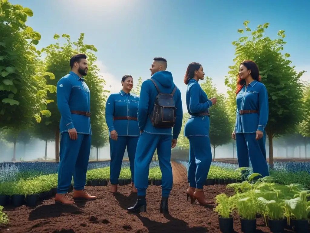 Diversidad ecoamigable: Comunidad sostenible plantando árboles Un grupo diverso en marcas moda tallas específicas sostenibles, plantando árboles en un jardín comunitario