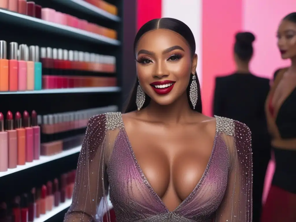 Sonrisas radiantes con labiales inclusivos en estudio de maquillaje Un grupo diverso sonriendo al aplicar las Mejores barras labiales inclusivas duraderas en un estudio de maquillaje moderno