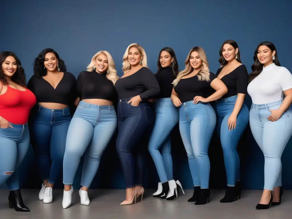 Moda inclusiva: Plussize felices probando jeans de moda en boutique Un grupo diverso y seguro probándose los mejores jeans plus size 2021 en una boutique moderna y acogedora