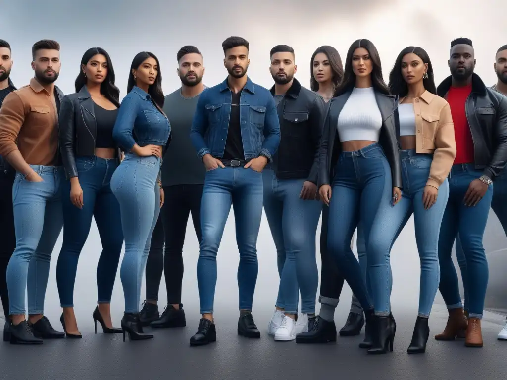 Estilos de jeans para todos: diversidad y confianza en moda urbana Grupo diverso luciendo los mejores jeans para todos cuerpos con estilo y confianza en entorno urbano chic