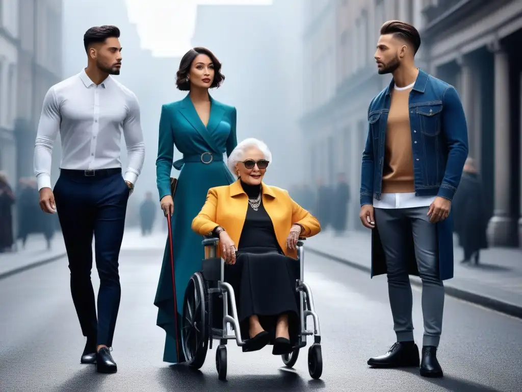 Moda adaptativa: diversidad y estilo en la ciudad Grupo diverso luciendo moda adaptativa para necesidades, en entorno urbano moderno