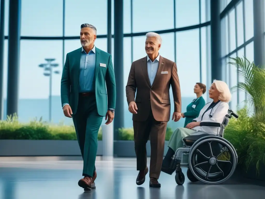 Rehabilitación inclusiva: juntos hacia la esperanza Un grupo diverso usando moda adaptativa, camina con confianza en un centro de recuperación médica moderno y luminoso