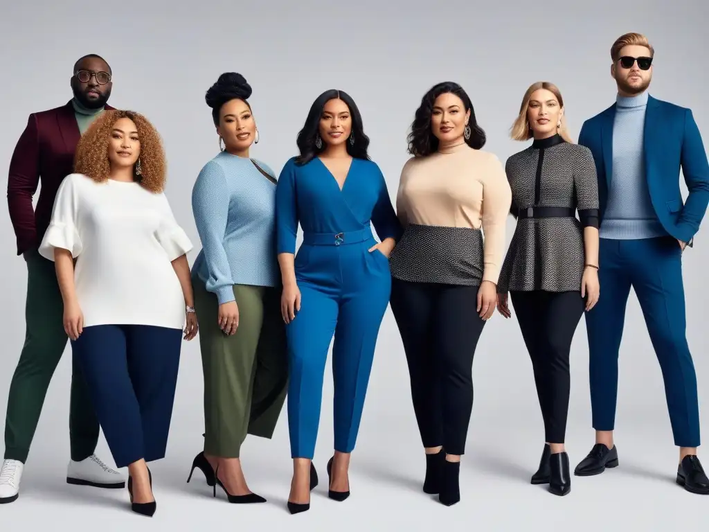 Moda inclusiva: diversidad de estilos adaptativos en acción Un grupo diverso muestra moda adaptativa para todos cuerpos con estilo y confianza en un entorno contemporáneo y luminoso