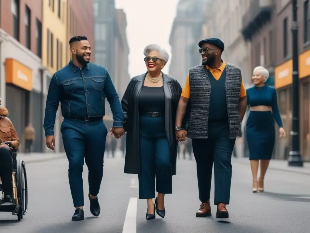 Marcha inclusiva de diversidad urbana y estilo adaptativo Grupo diverso en moda adaptativa camina unido por la ciudad, representando comunidades inclusivas