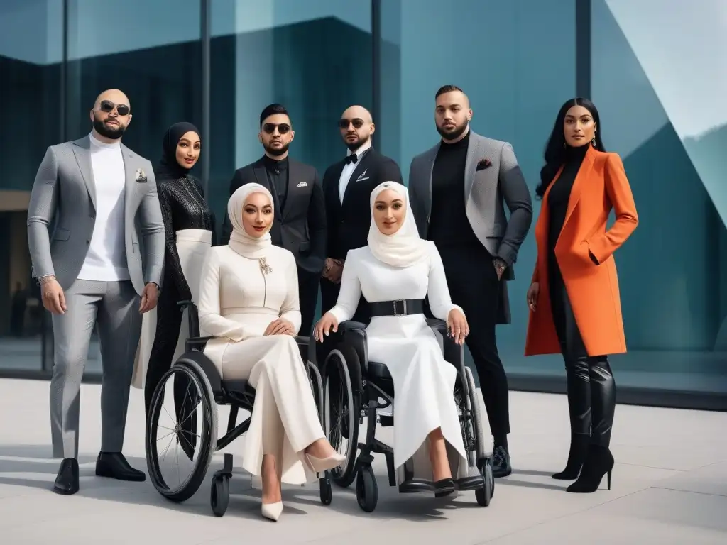 Moda inclusiva: diversidad y estilo en evento especial Un grupo diverso en moda adaptativa para eventos especiales posa con estilo frente a un edificio futurista, transmitiendo empoderamiento y unidad