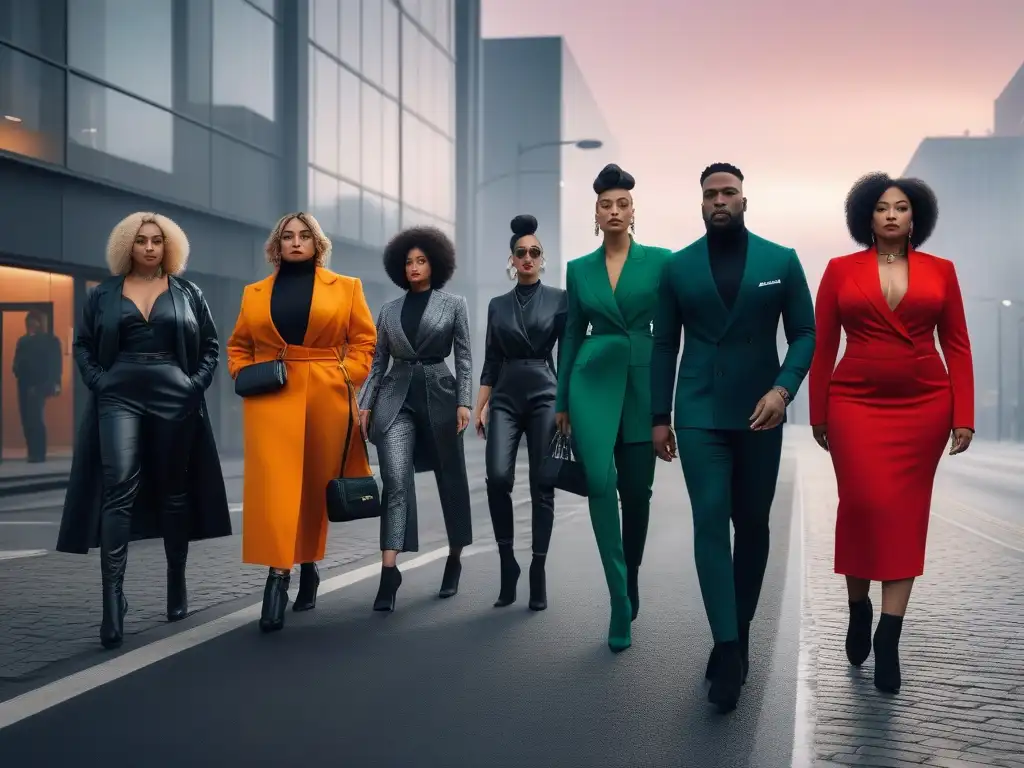 Grupo diverso en moda inclusiva para todos los cuerpos, géneros y edades, expresando confianza en la calle de la ciudad