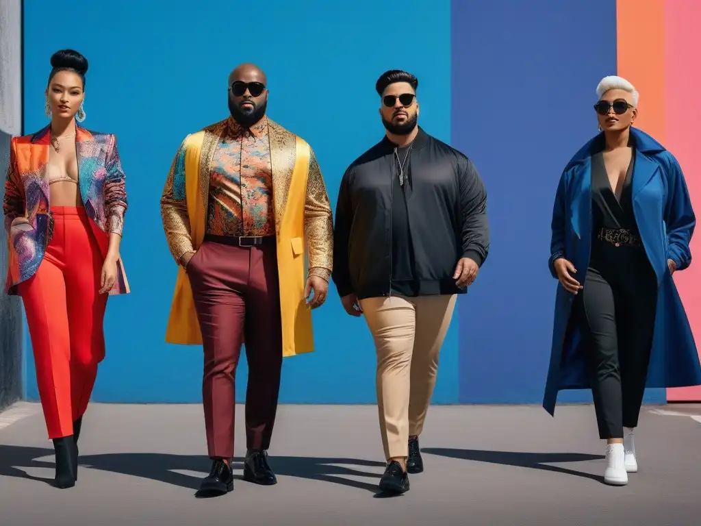 Moda inclusiva: diversidad y empoderamiento en la ciudad Un grupo diverso en moda inclusiva para todos los cuerpos, celebrando la diversidad y la individualidad en un entorno urbano vibrante y colorido