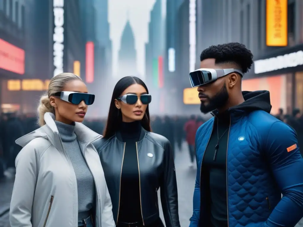 Moda tecnológica inclusiva: personas diversas lucen wearables premium en paisaje urbano futurista Un grupo diverso con moda inclusiva y wearables premium en un paisaje urbano futurista