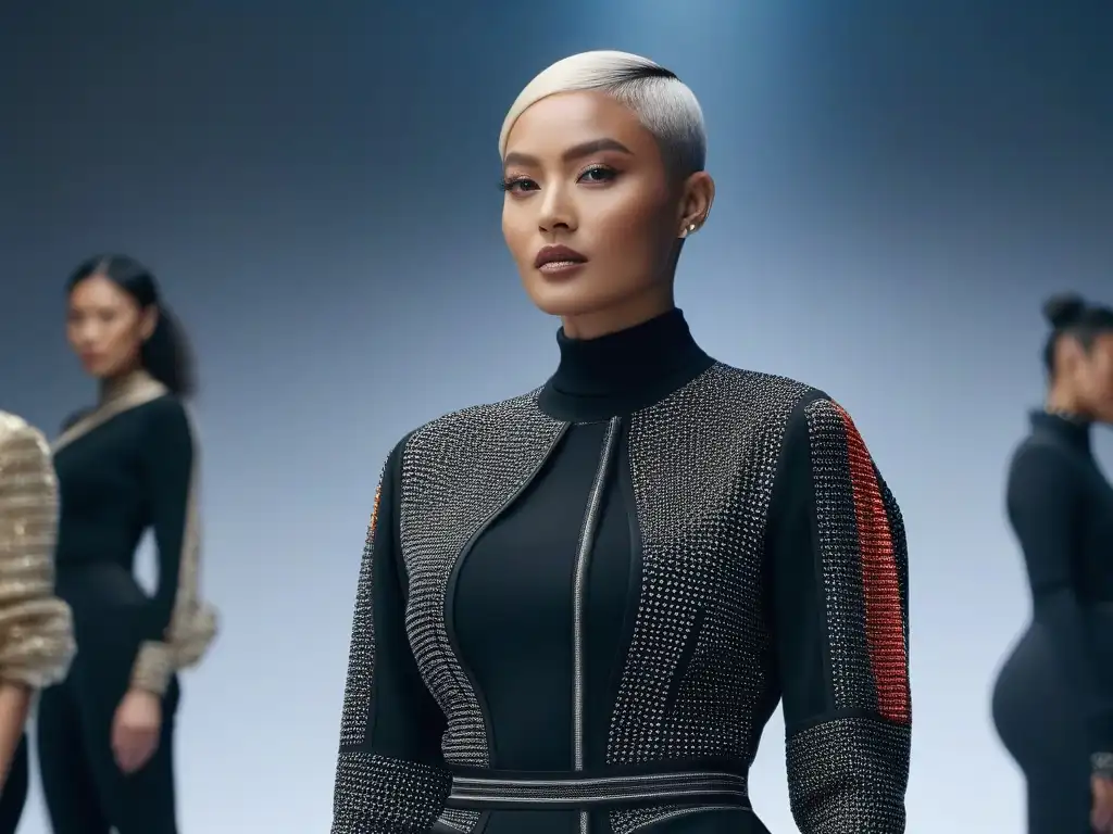 Moda inclusiva: empoderamiento con tecnología futurista Un grupo diverso muestra moda inclusiva para todos cuerpos con tecnología futurista en atuendos elegantes