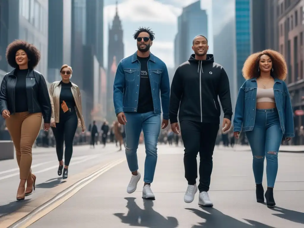 Moda inclusiva y tecnología futurista en la ciudad Un grupo diverso camina con moda inclusiva y wearables premium por la ciudad futurista