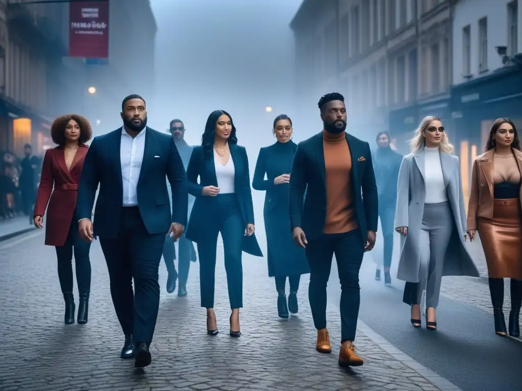Diversidad y empoderamiento en moda de lujo Un grupo diverso luce moda inclusiva para todos los cuerpos en un ambiente urbano moderno y elegante, irradiando confianza y empoderamiento