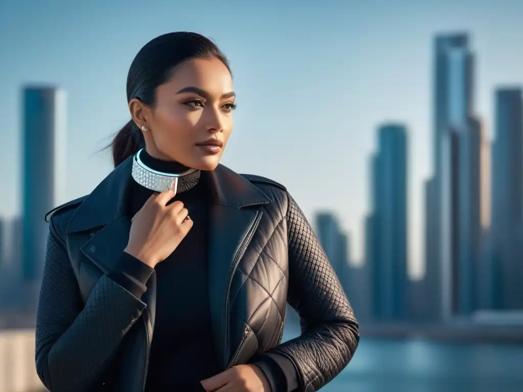 Empoderamiento urbano: diversidad y estilo con wearables premium Un grupo diverso con moda inclusiva para todos los cuerpos, luciendo wearables premium en un entorno urbano futurista