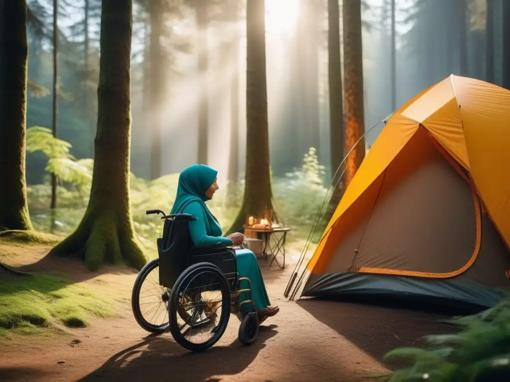 Unidos en la naturaleza: diversidad y empoderamiento en el bosque Un grupo diverso disfruta de la moda outdoor inclusiva para todos en un bosque, destacando la unidad y superación
