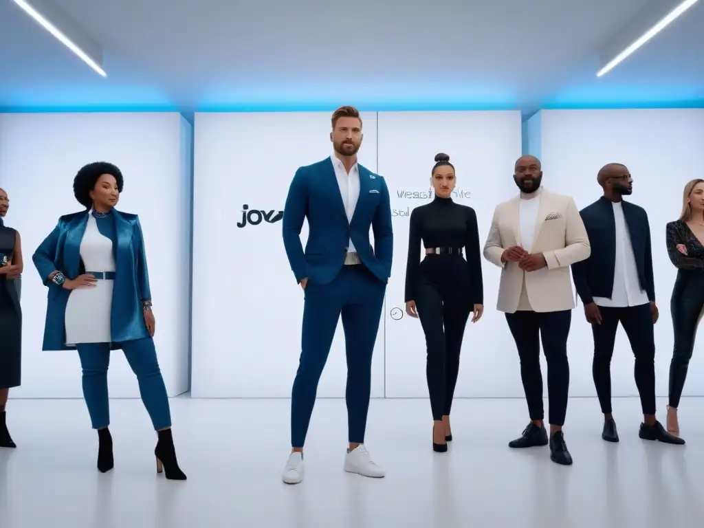 Moda inclusiva: fusión tecnológica en boutique de vanguardia Un grupo diverso disfruta de la moda inclusiva y la tecnología wearable en una boutique chic